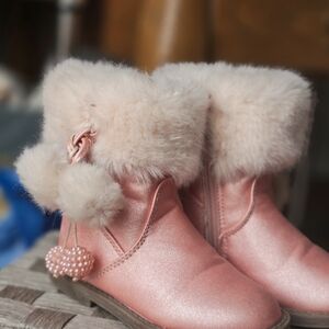 Laura Ashley Pink Faux-Fur Pom Pom Kids Boots